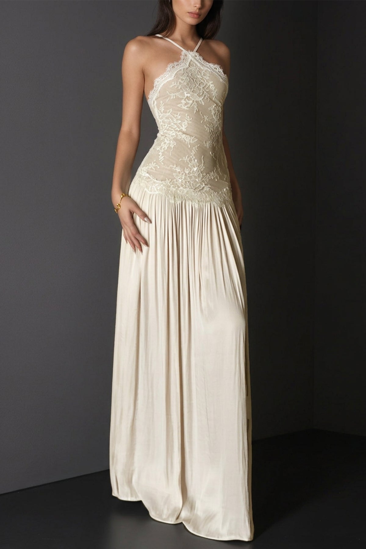 Women's Cream Lace Floral Ruched Maxi Dress with Sleeveless Design