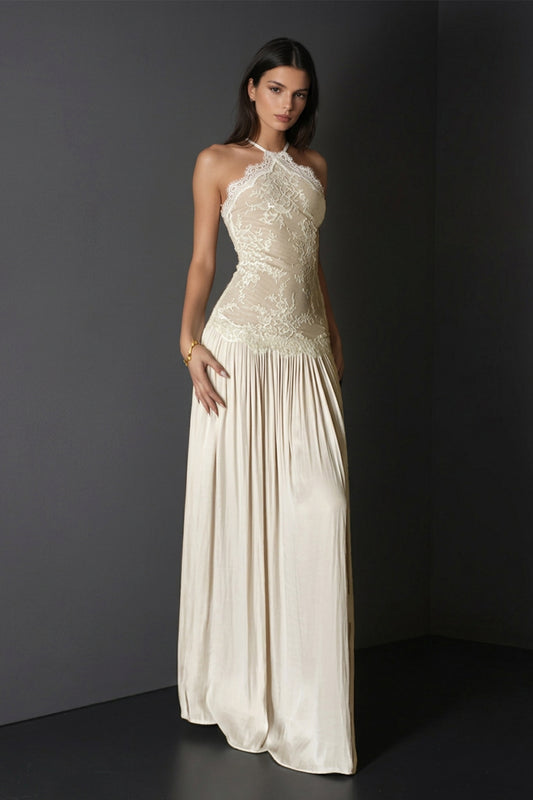 Women's Cream Lace Floral Ruched Maxi Dress with Sleeveless Design