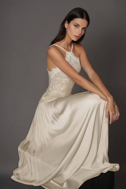 Women's Cream Lace Floral Ruched Maxi Dress with Sleeveless Design