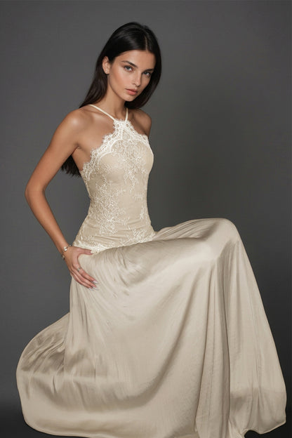 Women's Cream Lace Floral Ruched Maxi Dress with Sleeveless Design