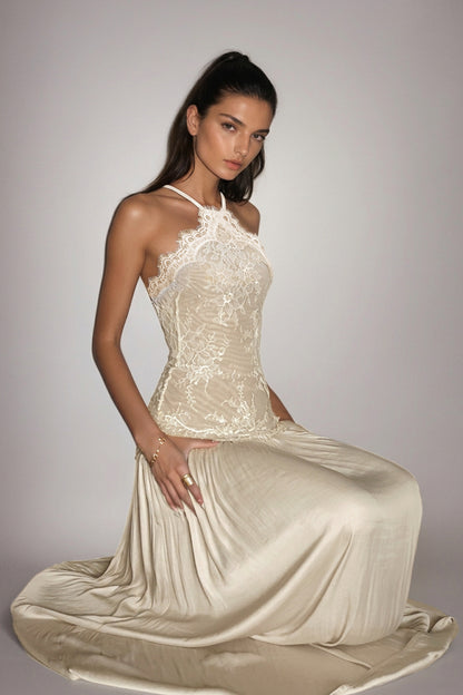 Women's Cream Lace Floral Ruched Maxi Dress with Sleeveless Design