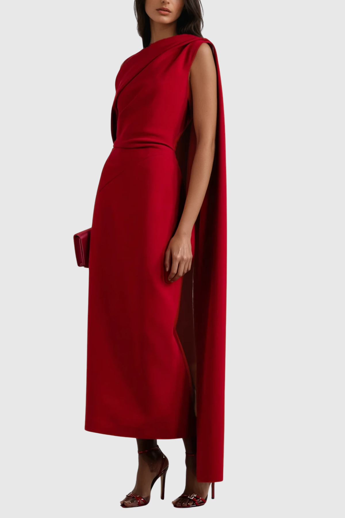 Women's Red One Shoulder Satin Evening Dress with Ruched Detail