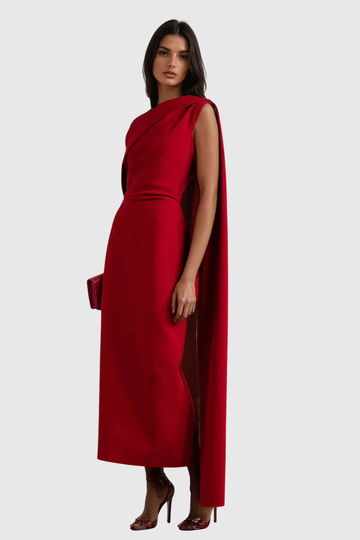 Women's Red One Shoulder Satin Evening Dress with Ruched Detail