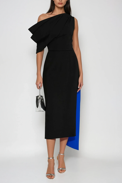Women's Black One Shoulder Draped Midi Dress with Blue Contrast Panel