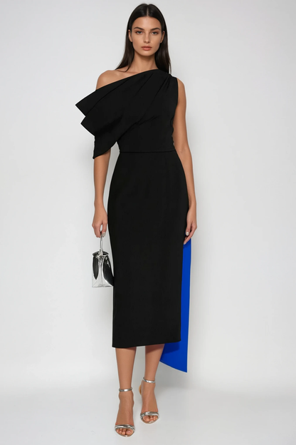 Women's Black One Shoulder Draped Midi Dress with Blue Contrast Panel