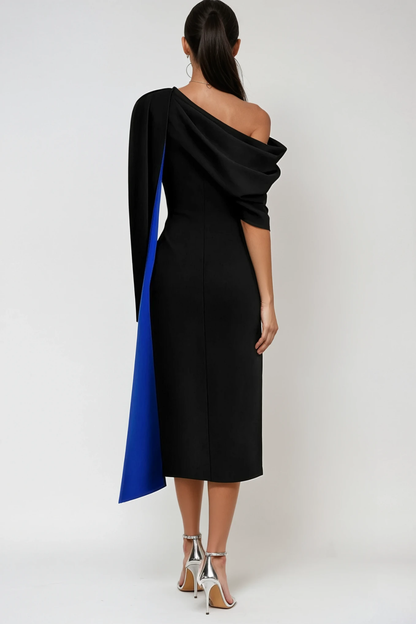 Women's Black One Shoulder Draped Midi Dress with Blue Contrast Panel