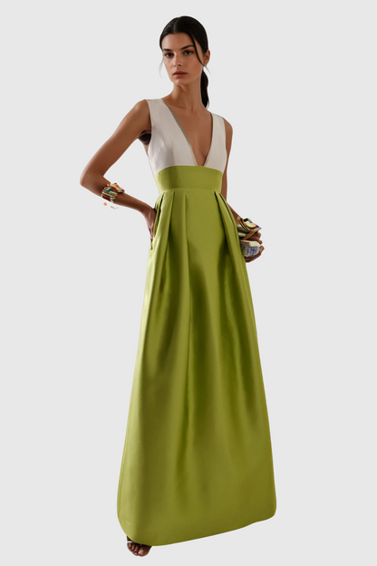 Women's Chartreuse Plunge Satin Maxi Dress with Open Back