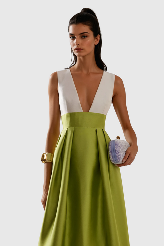 Women's Chartreuse Plunge Satin Maxi Dress with Open Back