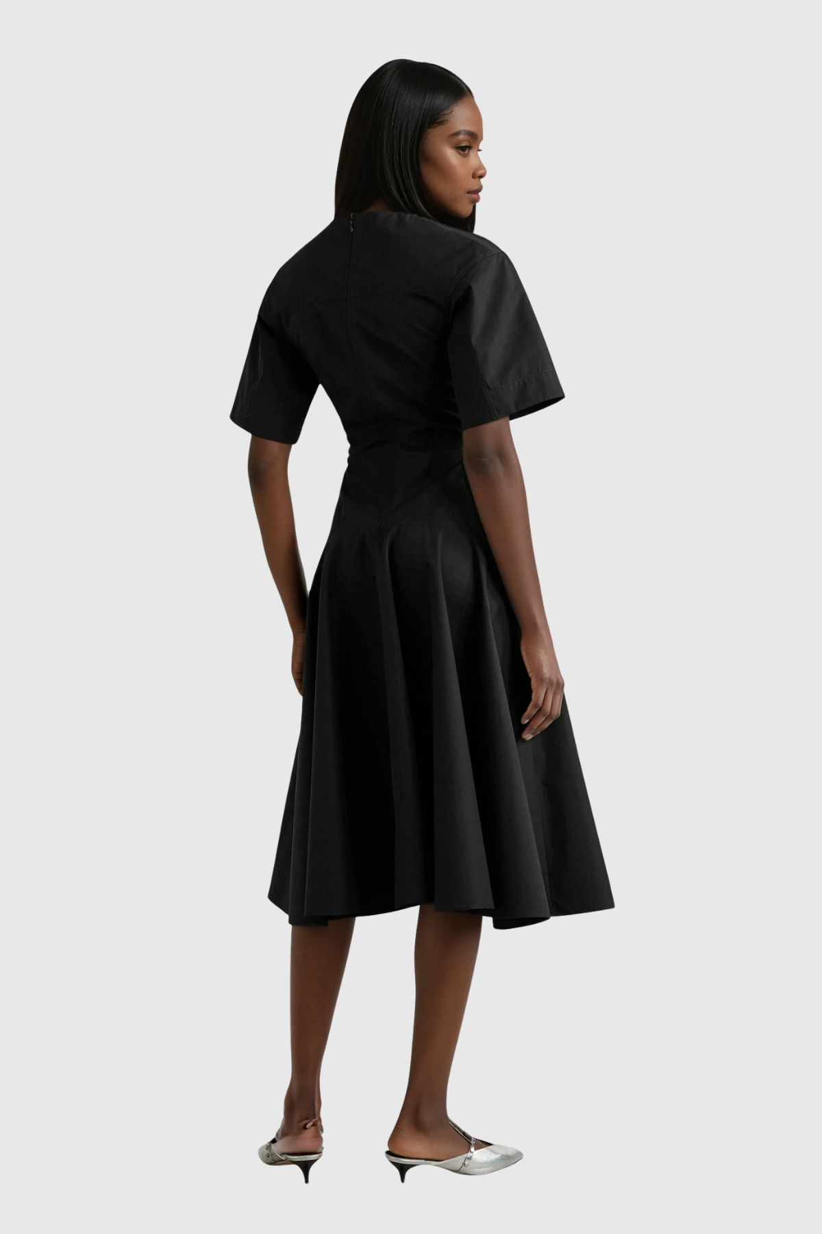 Women's Black Short Sleeve A-Line Midi Dress with Drop Waist