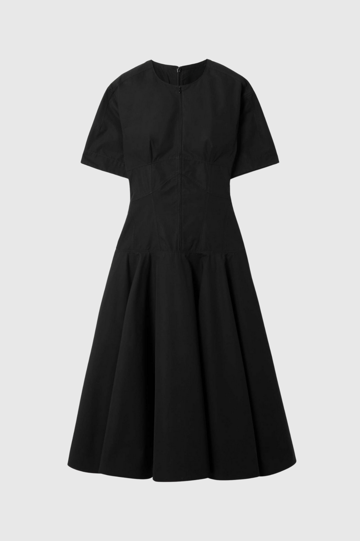 Women's Black Short Sleeve A-Line Midi Dress with Drop Waist
