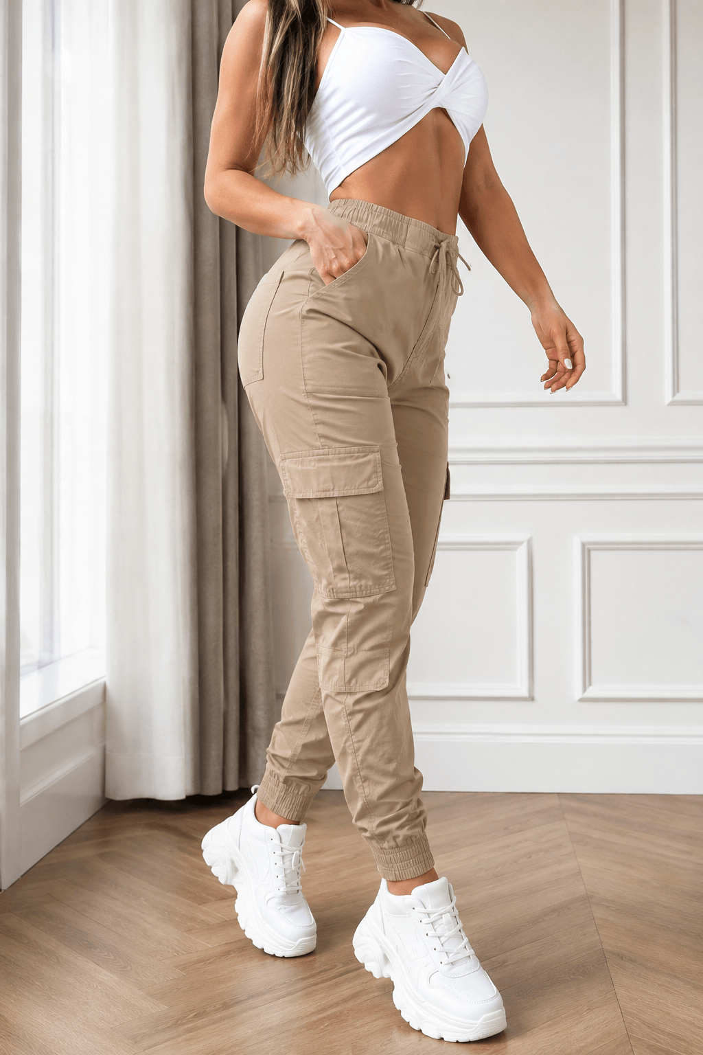 Women’s Cargo Trousers – Casual Cargo Pants & Joggers with Elastic Waist, Utility Pockets, Cuffed Ankles, Full-Length Slight-Stretch Polyester Bottoms