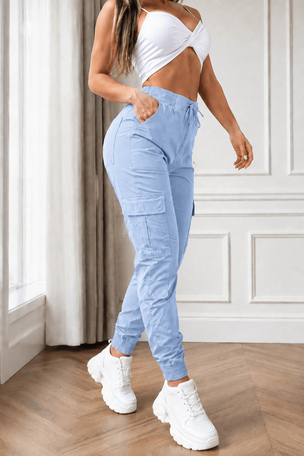 Women’s Cargo Trousers – Casual Cargo Pants & Joggers with Elastic Waist, Utility Pockets, Cuffed Ankles, Full-Length Slight-Stretch Polyester Bottoms