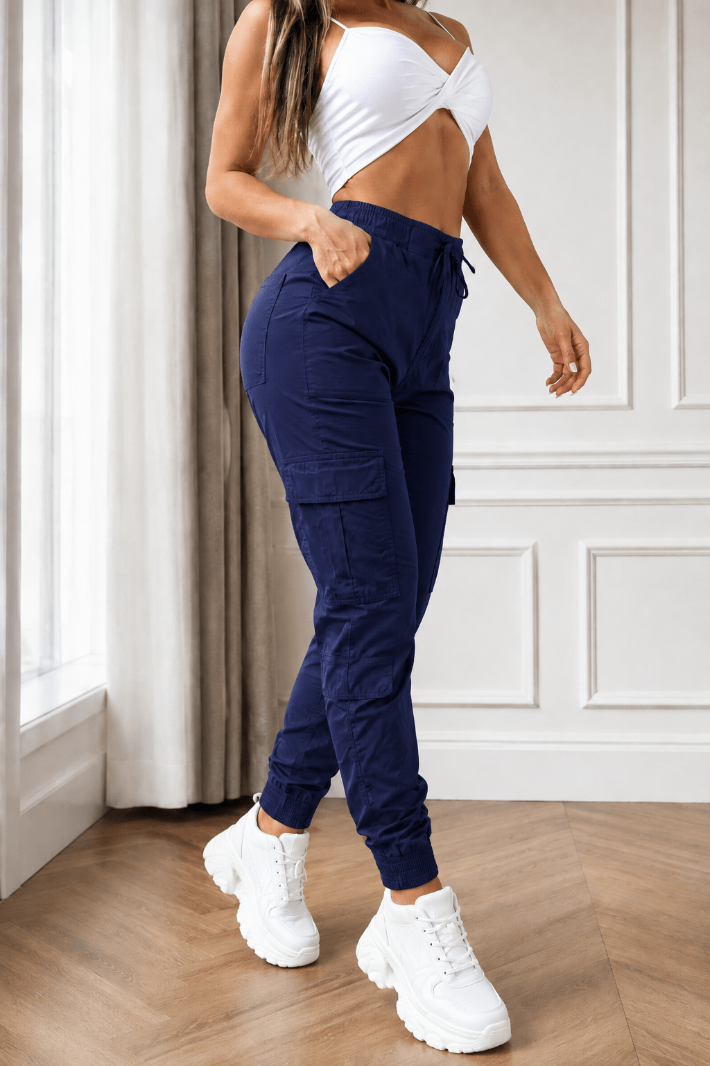 Women’s Cargo Trousers – Casual Cargo Pants & Joggers with Elastic Waist, Utility Pockets, Cuffed Ankles, Full-Length Slight-Stretch Polyester Bottoms