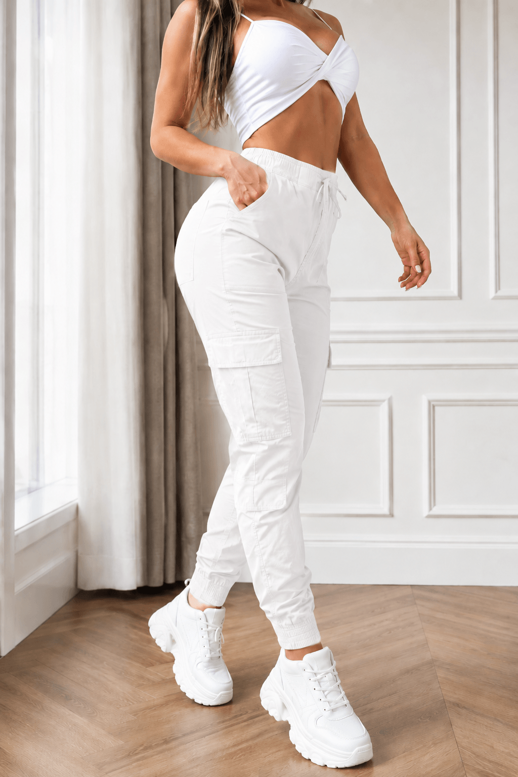 Women’s Cargo Trousers – Casual Cargo Pants & Joggers with Elastic Waist, Utility Pockets, Cuffed Ankles, Full-Length Slight-Stretch Polyester Bottoms