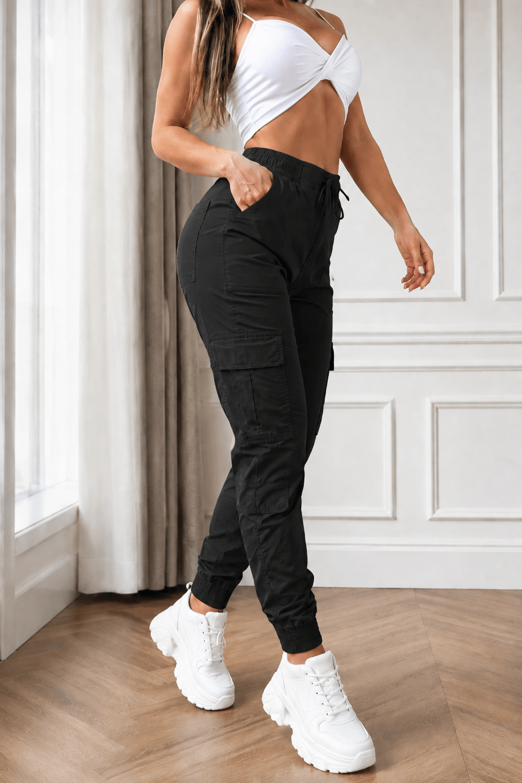 Women’s Cargo Trousers – Casual Cargo Pants & Joggers with Elastic Waist, Utility Pockets, Cuffed Ankles, Full-Length Slight-Stretch Polyester Bottoms