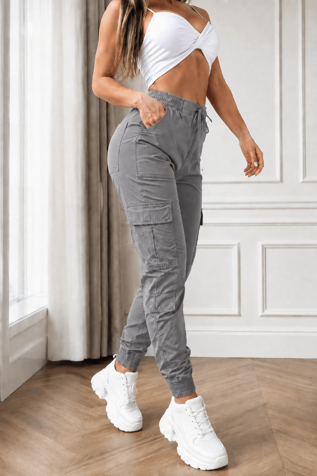 Women’s Cargo Trousers – Casual Cargo Pants & Joggers with Elastic Waist, Utility Pockets, Cuffed Ankles, Full-Length Slight-Stretch Polyester Bottoms