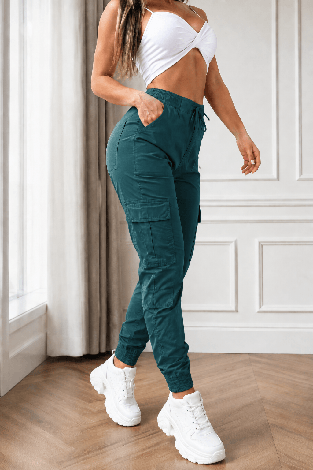 Women’s Cargo Trousers – Casual Cargo Pants & Joggers with Elastic Waist, Utility Pockets, Cuffed Ankles, Full-Length Slight-Stretch Polyester Bottoms