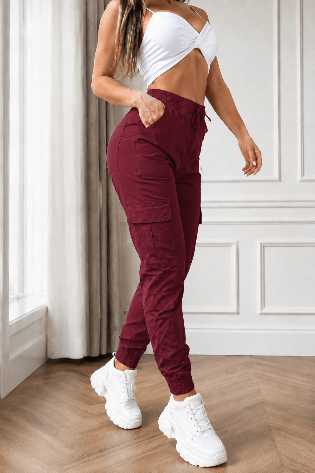 Women’s Cargo Trousers – Casual Cargo Pants & Joggers with Elastic Waist, Utility Pockets, Cuffed Ankles, Full-Length Slight-Stretch Polyester Bottoms
