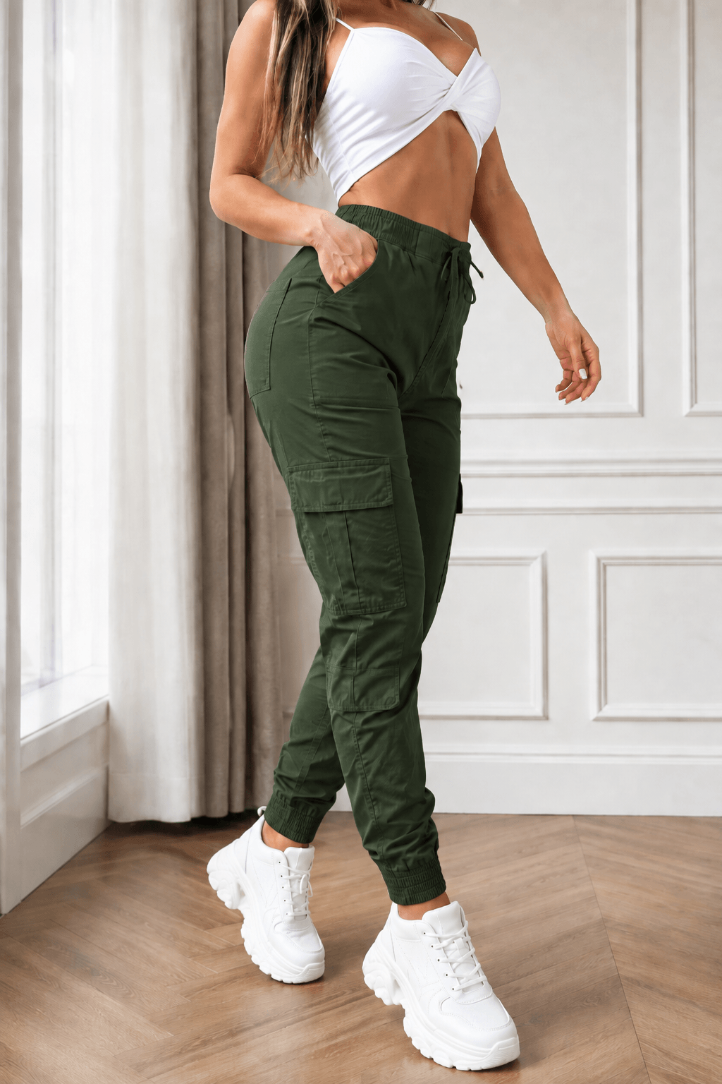 Women’s Cargo Trousers – Casual Cargo Pants & Joggers with Elastic Waist, Utility Pockets, Cuffed Ankles, Full-Length Slight-Stretch Polyester Bottoms