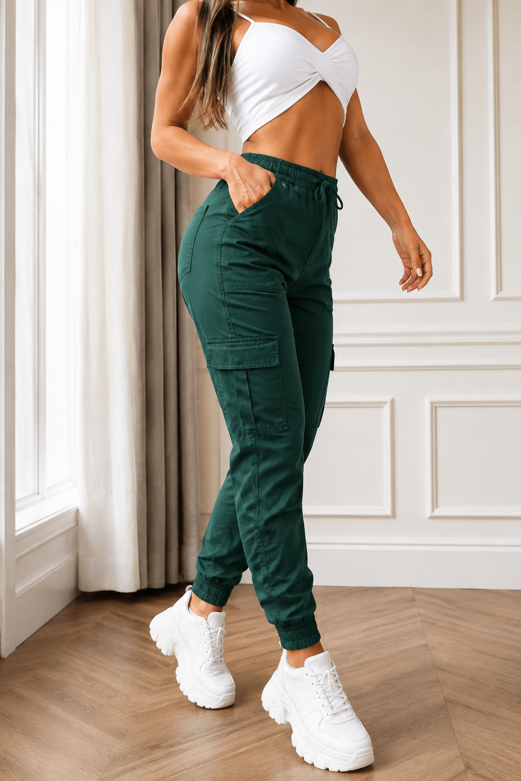 Women’s Cargo Trousers – Casual Cargo Pants & Joggers with Elastic Waist, Utility Pockets, Cuffed Ankles, Full-Length Slight-Stretch Polyester Bottoms