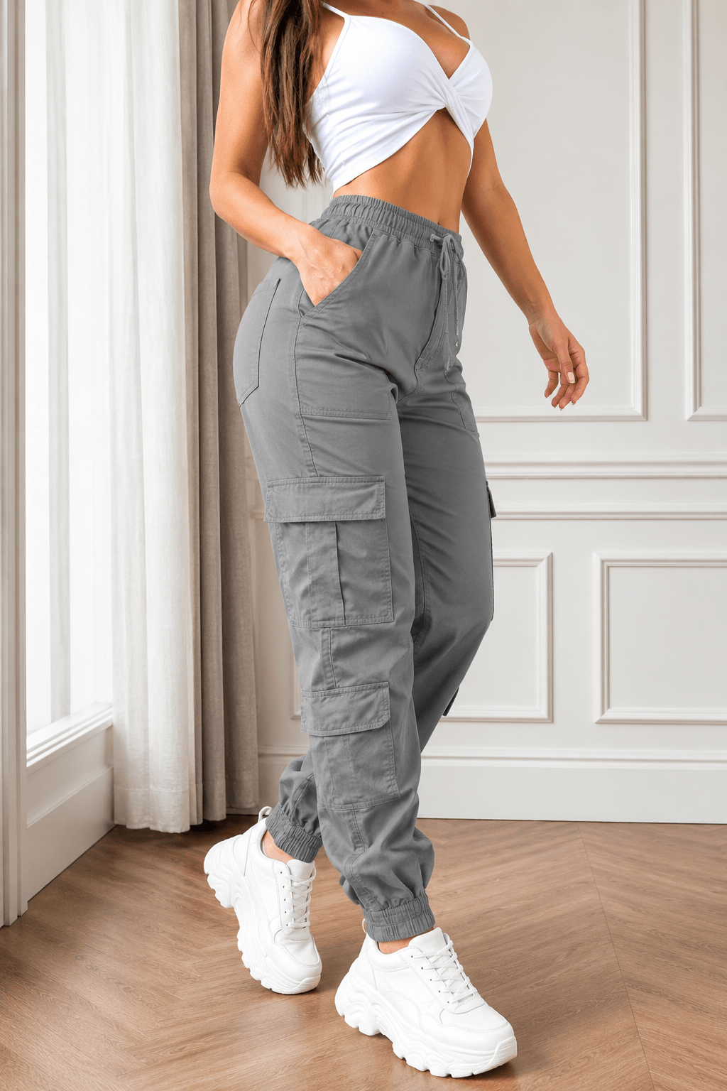 Women’s Cargo Trousers – Casual Cargo Pants & Joggers with Elastic Waist, Utility Pockets, Cuffed Ankles, Full-Length Slight-Stretch Polyester Bottoms