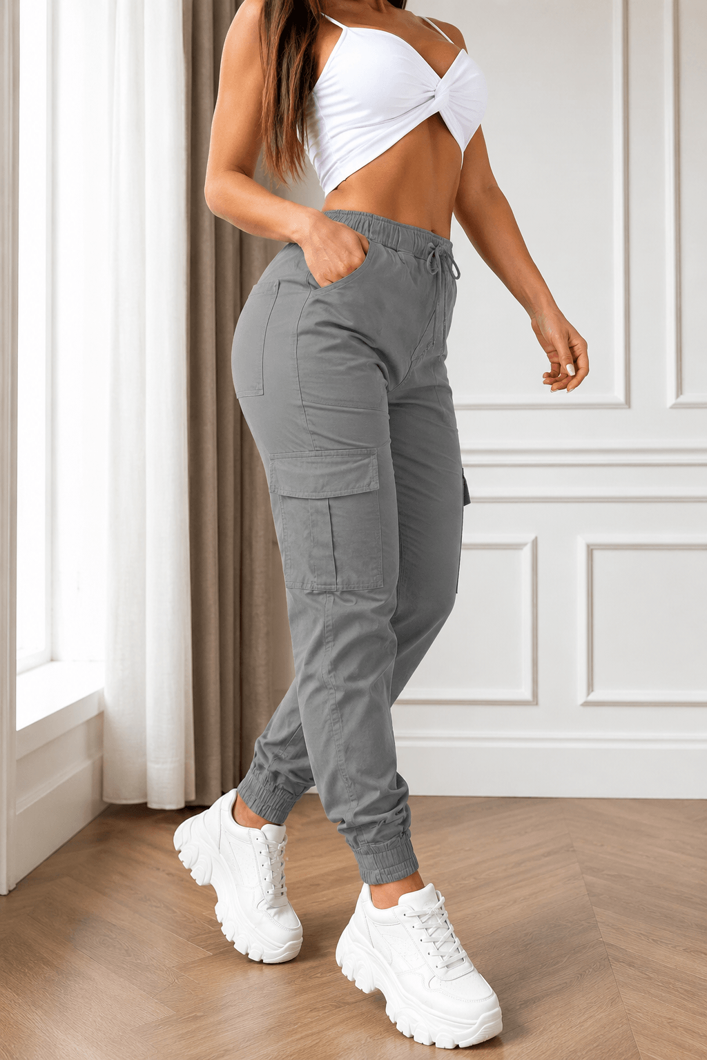 Women’s Cargo Trousers – Casual Cargo Pants & Joggers with Elastic Waist, Utility Pockets, Cuffed Ankles, Full-Length Slight-Stretch Polyester Bottoms