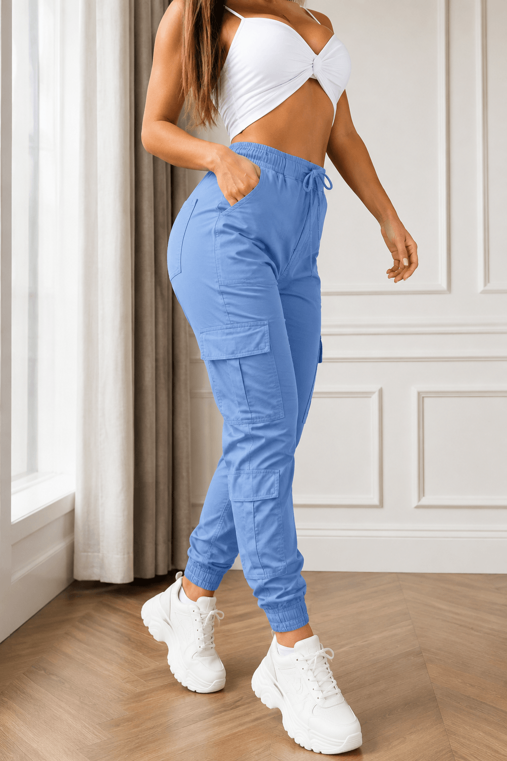 Women’s Cargo Trousers – Casual Cargo Pants & Joggers with Elastic Waist, Utility Pockets, Cuffed Ankles, Full-Length Slight-Stretch Polyester Bottoms