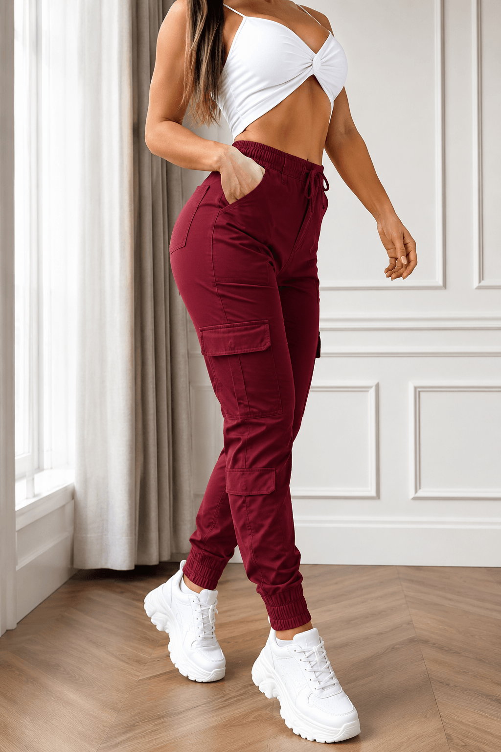 Women’s Cargo Trousers – Casual Cargo Pants & Joggers with Elastic Waist, Utility Pockets, Cuffed Ankles, Full-Length Slight-Stretch Polyester Bottoms