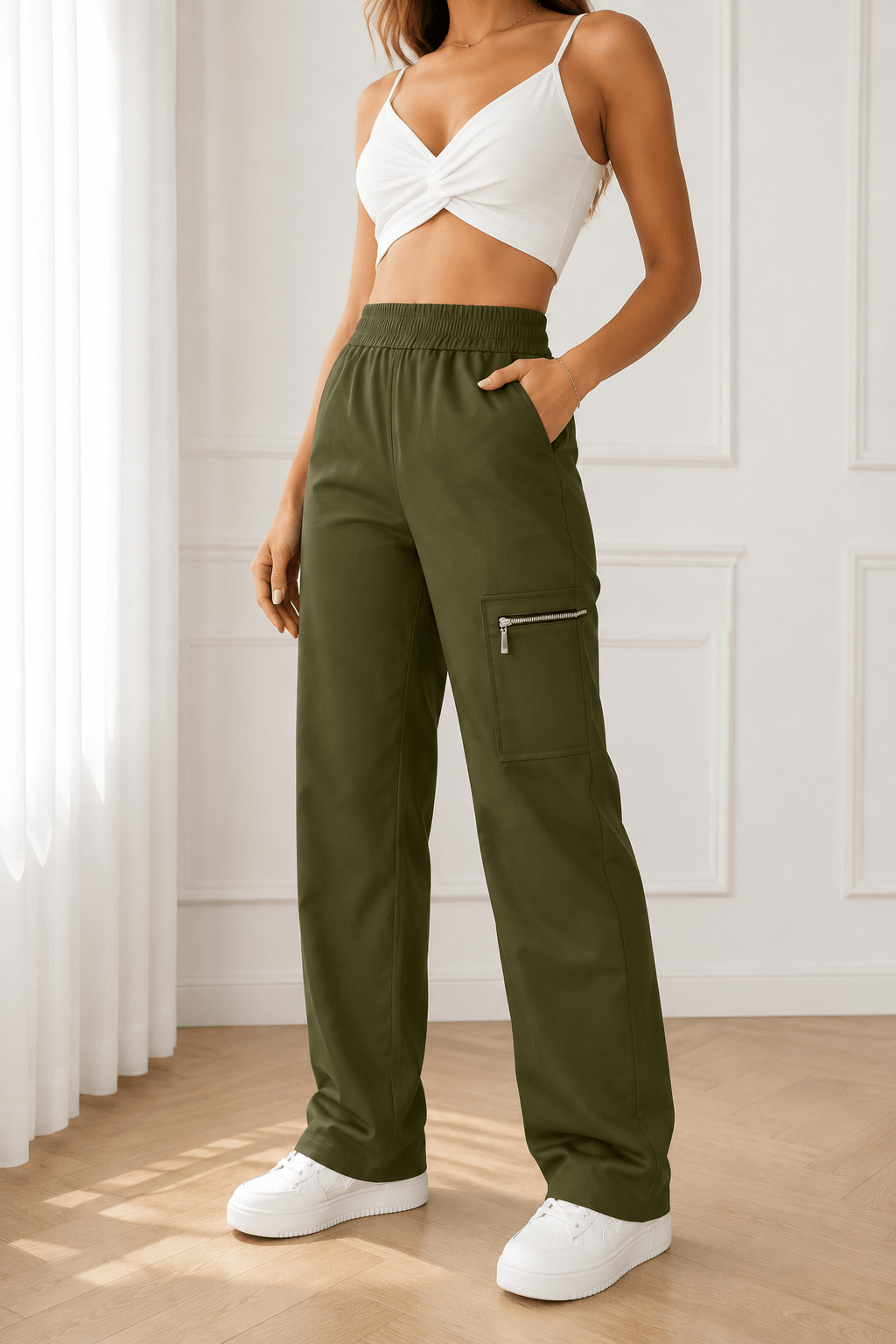 Women’s Wide-Leg Trousers & Casual Pants – Mid-Rise Polyester Bottoms with Zipper Pockets, Ankle Length & Slight Stretch for All Year