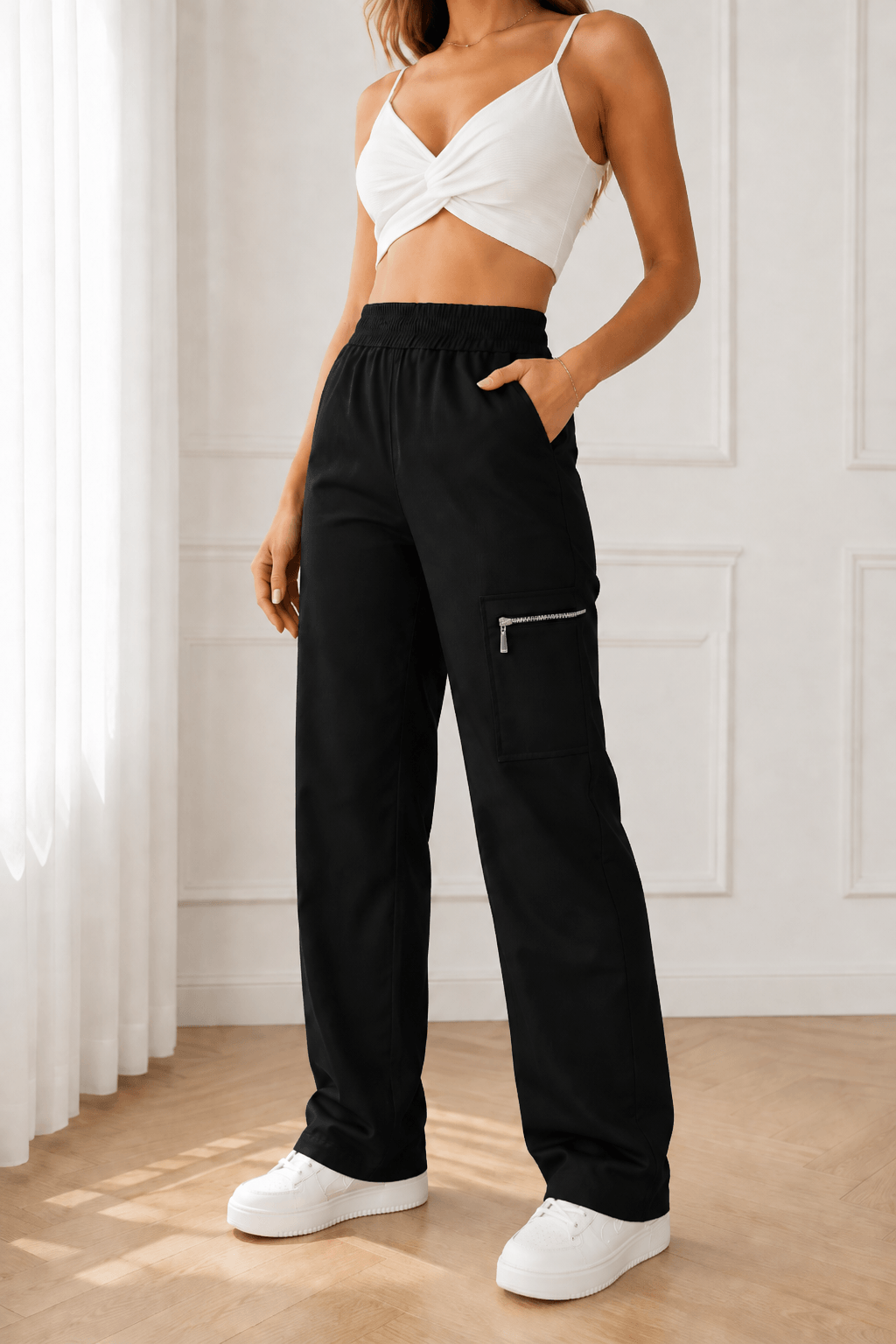 Women’s Wide-Leg Trousers & Casual Pants – Mid-Rise Polyester Bottoms with Zipper Pockets, Ankle Length & Slight Stretch for All Year