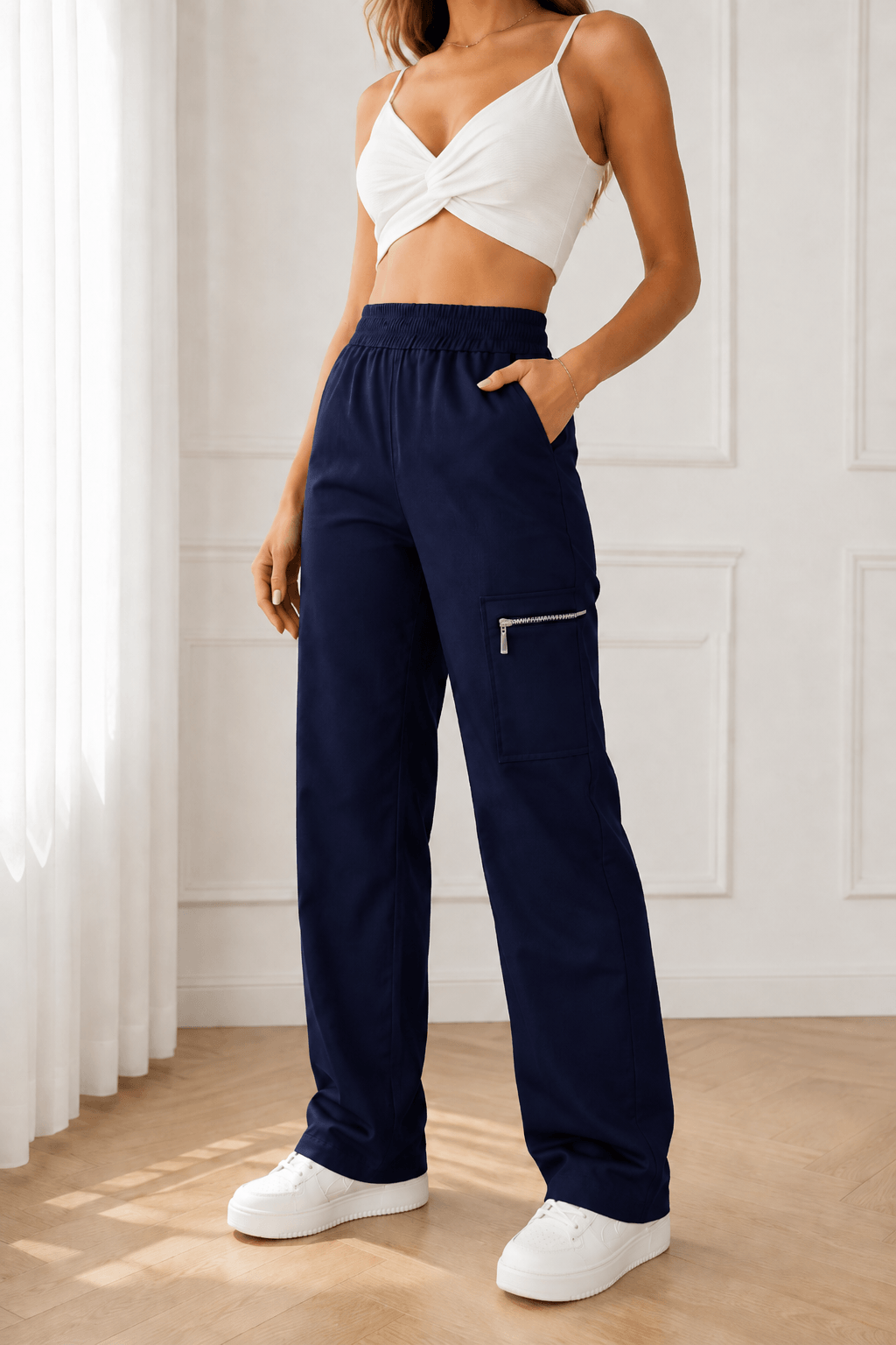 Women’s Wide-Leg Trousers & Casual Pants – Mid-Rise Polyester Bottoms with Zipper Pockets, Ankle Length & Slight Stretch for All Year