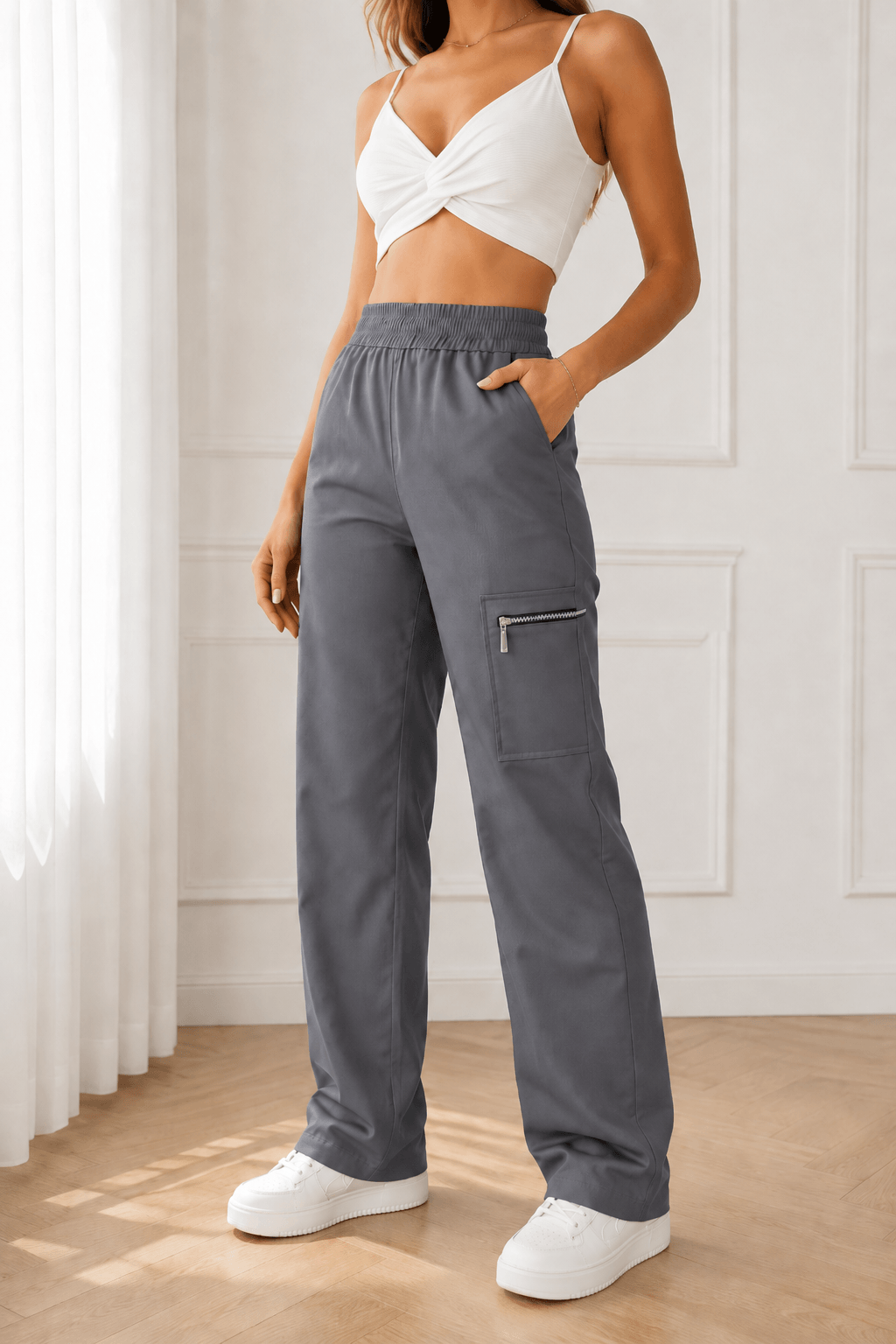 Women’s Wide-Leg Trousers & Casual Pants – Mid-Rise Polyester Bottoms with Zipper Pockets, Ankle Length & Slight Stretch for All Year