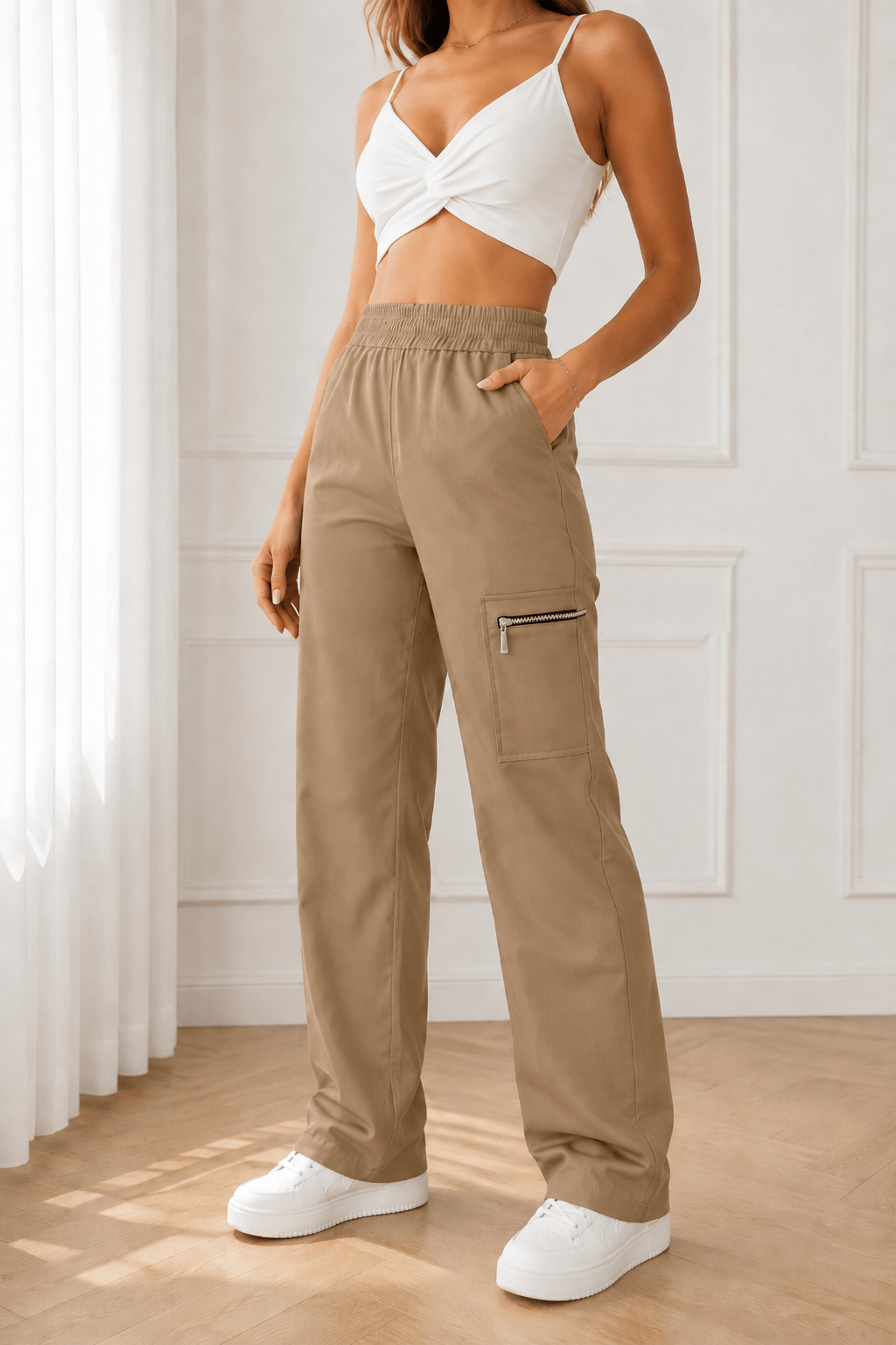 Women’s Wide-Leg Trousers & Casual Pants – Mid-Rise Polyester Bottoms with Zipper Pockets, Ankle Length & Slight Stretch for All Year