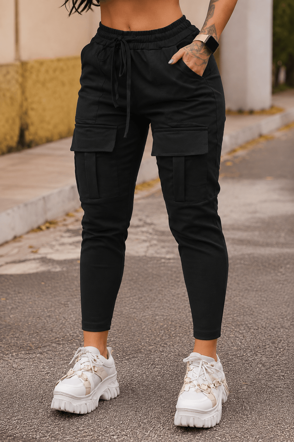 Women’s Cargo Trousers & Cargo Pants – Drawstring Waist, Utility Pockets, Tapered Cuffs, Full-Length Casual Polyester Joggers for Spring & Summer