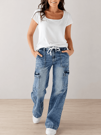 Women’s Cargo Jeans Straight Leg Drawstring Denim Trousers