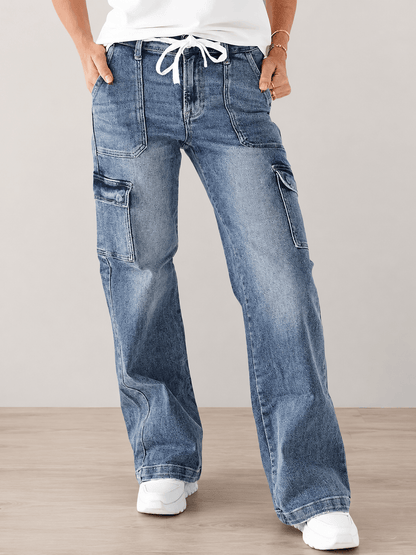 Women’s Cargo Jeans Straight Leg Drawstring Denim Trousers