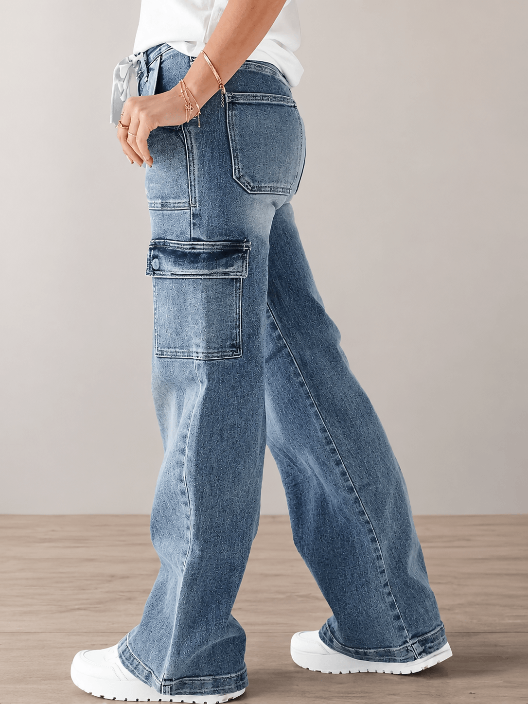 Women’s Cargo Jeans Straight Leg Drawstring Denim Trousers