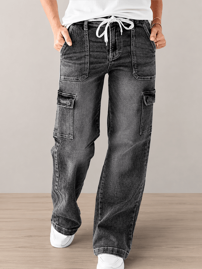 Women’s Cargo Jeans Straight Leg Drawstring Denim Trousers