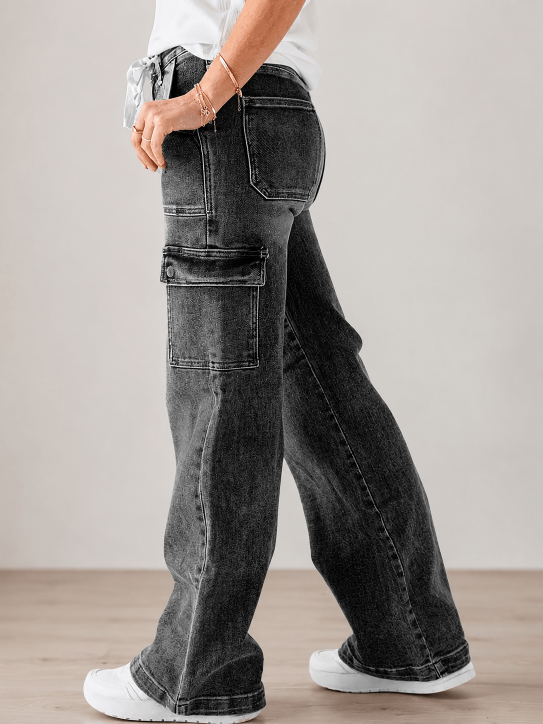 Women’s Cargo Jeans Straight Leg Drawstring Denim Trousers