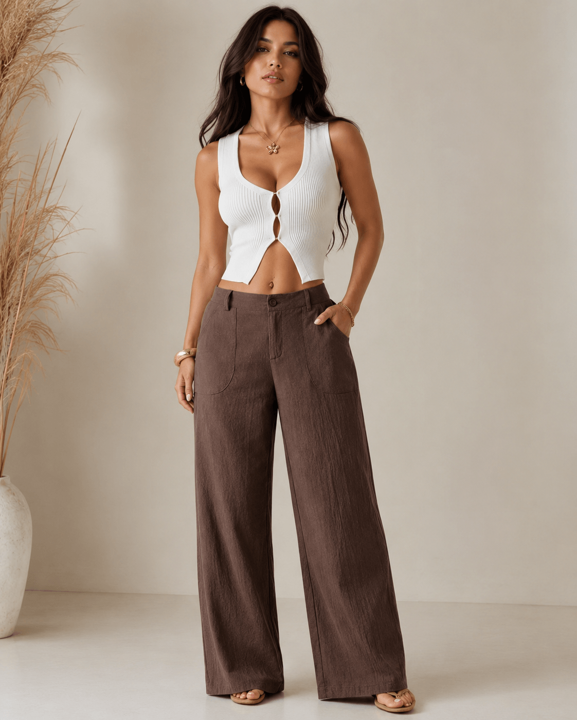 Women’s Linen Look Wide Leg Trousers Mid Waist Casual Pants
