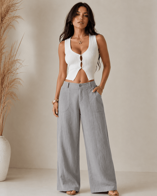 Women’s Linen Look Wide Leg Trousers Mid Waist Casual Pants