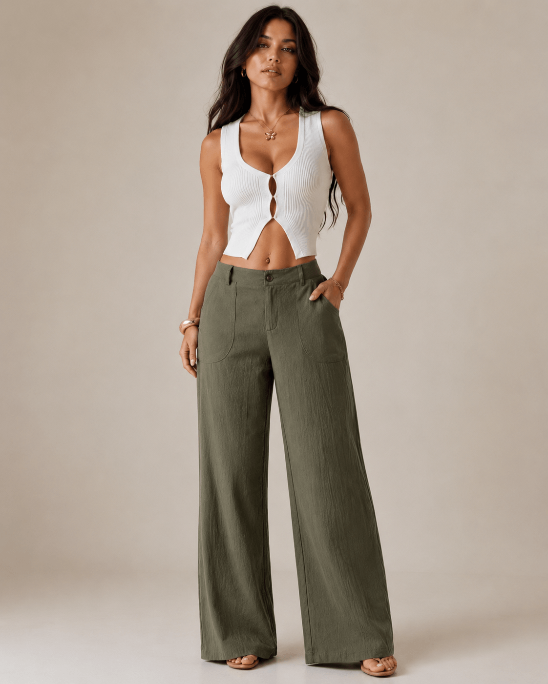Women’s Linen Look Wide Leg Trousers Mid Waist Casual Pants