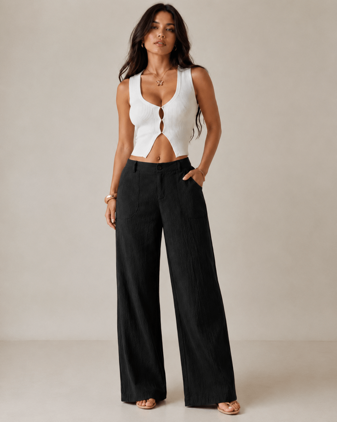 Women’s Linen Look Wide Leg Trousers Mid Waist Casual Pants