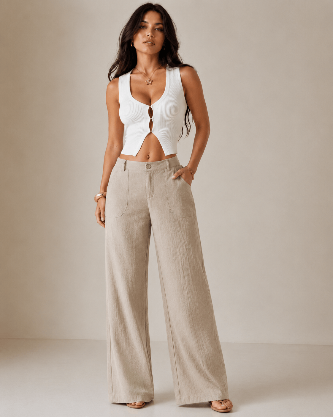 Women’s Linen Look Wide Leg Trousers Mid Waist Casual Pants