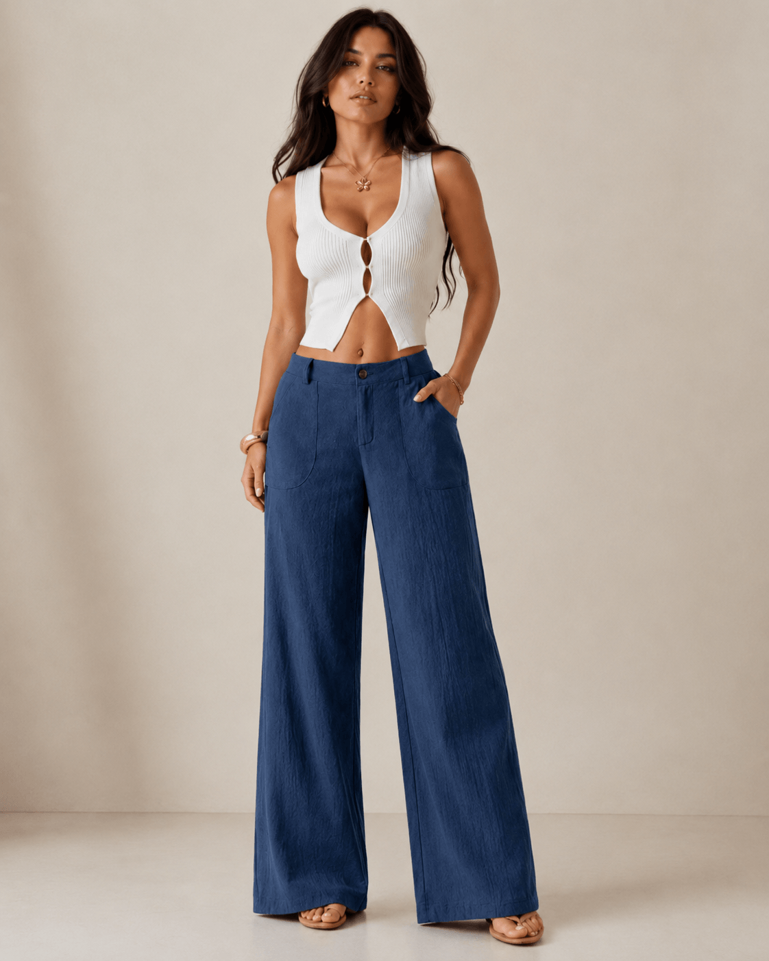 Women’s Linen Look Wide Leg Trousers Mid Waist Casual Pants