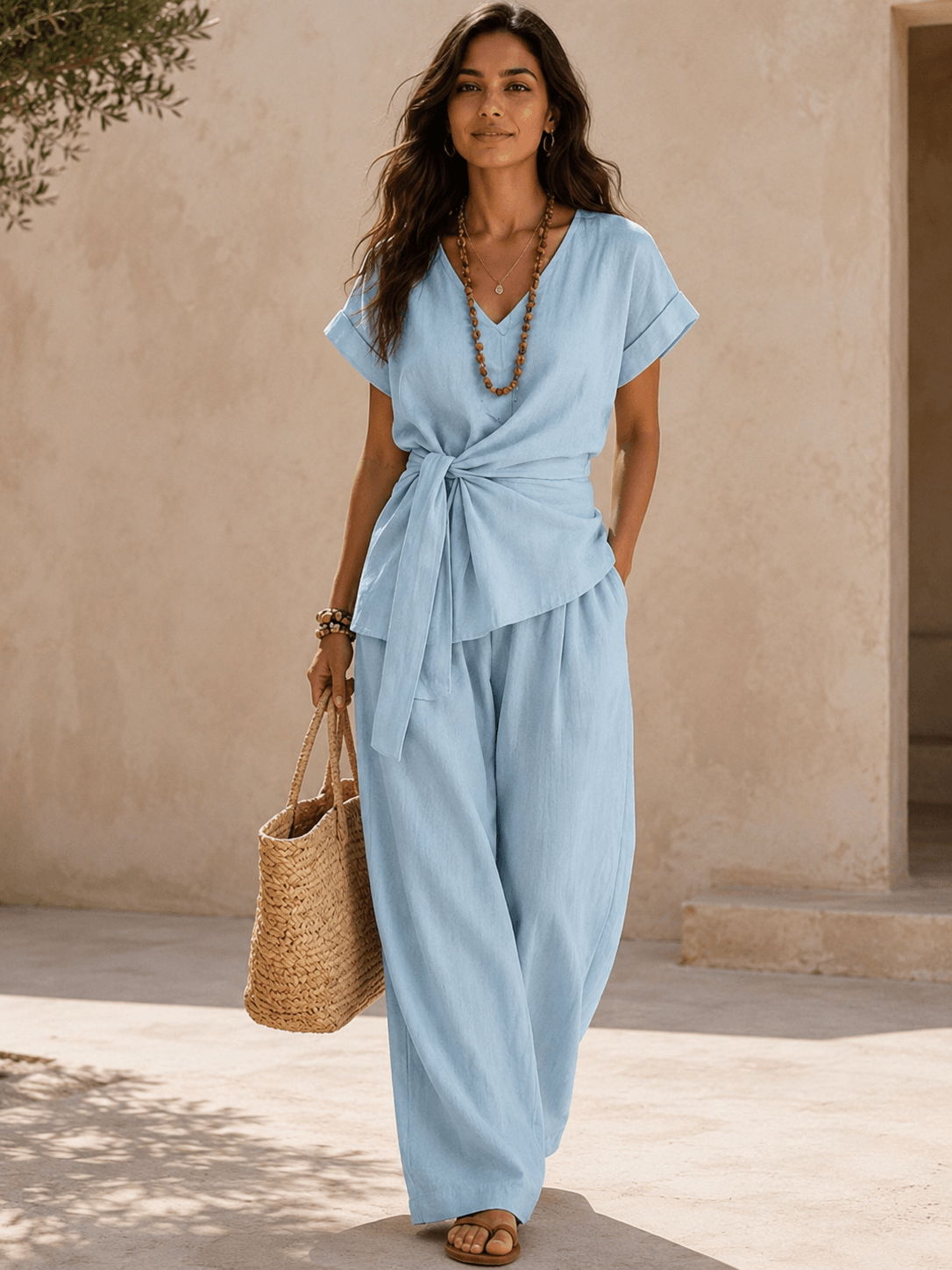 Women’s Cotton Linen V-Neck Top & Wide Leg Trousers Set