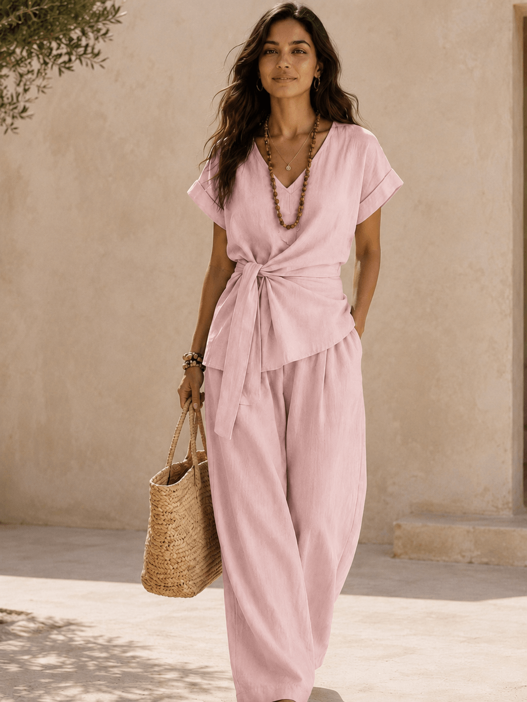 Women’s Cotton Linen V-Neck Top & Wide Leg Trousers Set