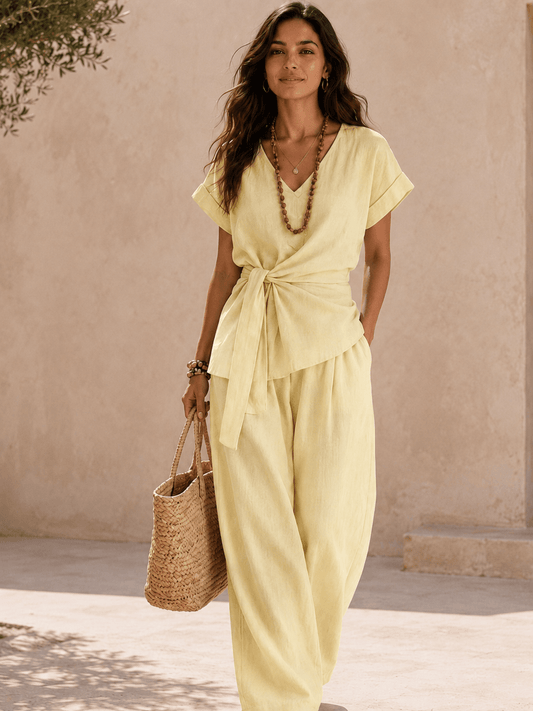 Women’s Cotton Linen V-Neck Top & Wide Leg Trousers Set