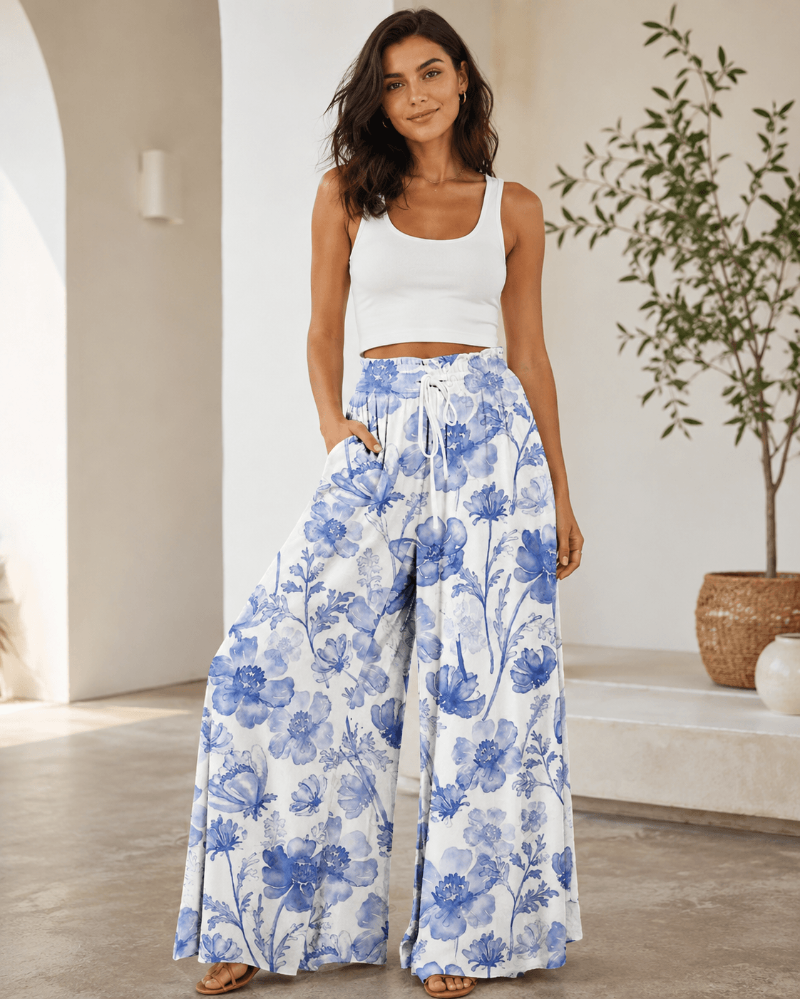 Women’s Floral Print Drawstring Wide Leg Trousers