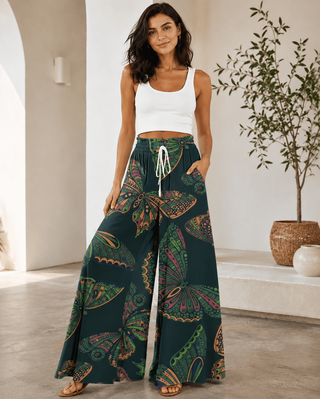 Women’s Floral Print Drawstring Wide Leg Trousers